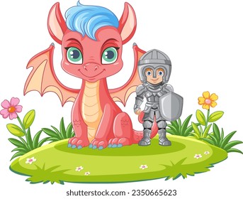 Cartoon knight boy with dragon illustration