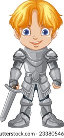 Cartoon knight boy holding sword illustration