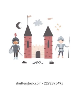 Cartoon Ritter, Schloss, Dekorationselemente. bunter Vektorgrafik, flacher Stil. Design für Karten, T-Shirt-Druck, Poster