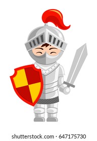 Cartoon Knight. Cute Little Kid In Costume. Vector Flat Illustration.