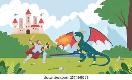 Cartoon knight and dragon. Fabulous battle scene, fire breathing snake, man in armor, ancient warrior, medieval legend, vector illustration