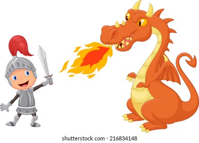 Cartoon knight with fierce dragon