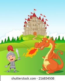 Cartoon knight with fierce dragon