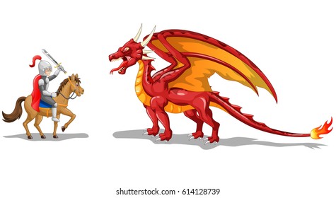 Cartoon knight with fierce dragon. Vector illustration