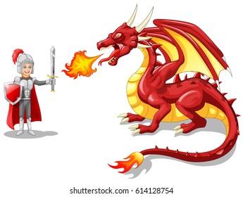 Cartoon knight with fierce dragon. Vector illustration