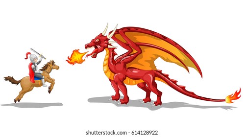 Cartoon knight with fierce dragon. Vector illustration