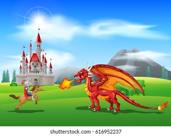 Cartoon knight with fierce dragon. Vector illustration