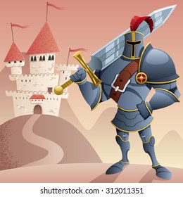 Cartoon knight in front of castle. No transparency used. Basic (linear) gradients.