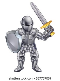 Cartoon knight in his suit of armour holding a sword and shield
