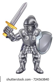 Cartoon knight mascot in his suit of armour holding a sword and shield