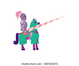 Cartoon knight in metal armor sitting on a horse holding a spear - medieval tournament fighter isolated on white background, flat vector illustration