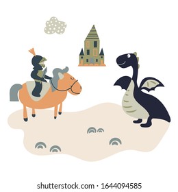 Cartoon knight on a horse meets a dragon. Kids castle theme illustration.