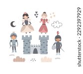 cartoon knight, princess, castle, decor elements. colorful vector illustration, flat style. design for cards, t-shirt print, poster