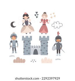 cartoon knight, princess, castle, decor elements. colorful vector illustration, flat style. design for cards, t-shirt print, poster