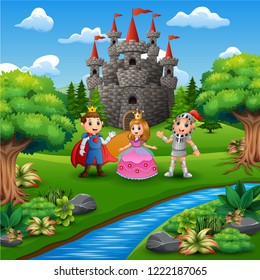 Cartoon of knight with princess and prince couple in the castle page