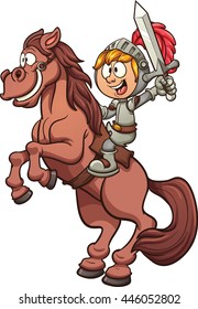 Cartoon knight riding a horse. Vector clip art illustration with simple gradients. Horse and knight on separate layers.  