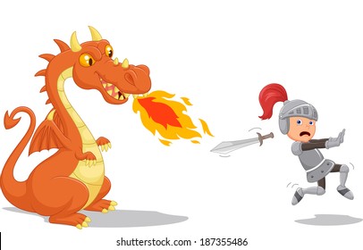 Cartoon of a knight running from a fierce dragon