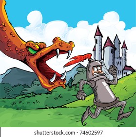 Cartoon of a knight running from a fierce dragon. Castle in the background