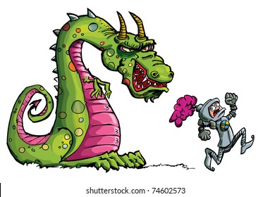 Cartoon of a knight running from a fierce dragon.Isolated on white