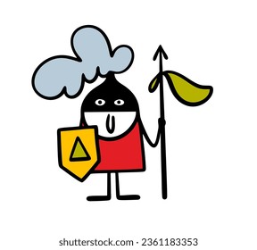 Cartoon knight stickman holds a sharp spear and guards the entrance to the castle. Vector illustration of a medieval warrior in helmet and armor with a shield. Funny character isolated.