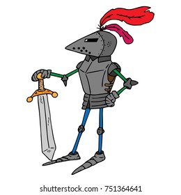 A cartoon knight. Knight with a sword and feathers on a helmet. A thin knight. Vector illustration.