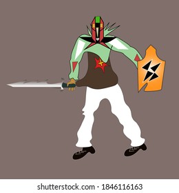 cartoon knight with sword, shield and helmet.