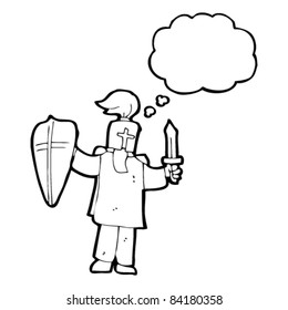 cartoon knight with thought bubble