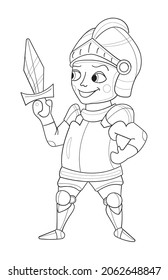 Cartoon knight vector for color book. Cute prince with sword. Medieval character for color page. Fighter in line style. Funny brutal warrior.