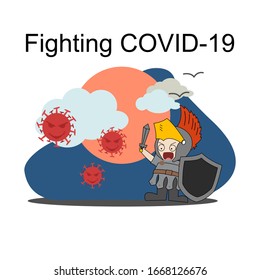 Cartoon knight warrior fighting with virus for medical infographic use during virus outbreak dealing with covid-19 from wuhan china