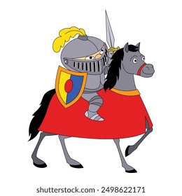 Cartoon knight wearing armor riding a horse and holding a sword and shield