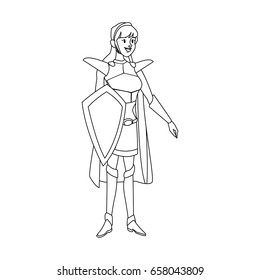 cartoon knight woman in costume with armor shield
