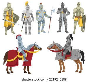 Caballeros de caricatura. Caballero de caballería en la armadura de batalla, guerreros medievales sosteniendo espada, escudo y halberdo. Ilustración vectorial del soldado real aislado, caballero de la ilustración