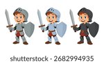 Cartoon knights standing side-by-side, each holding a sword and shield and wearing armor.