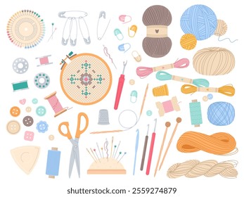 Cartoon knitting and sewing elements. Color threads, embroidery hoops, cozy crafting hobby, needlework items, wool yarn balls, scissors and buttons isolated vector handcraft set