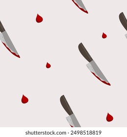 Cartoon knives with bloody drops pink seamless vector pattern.