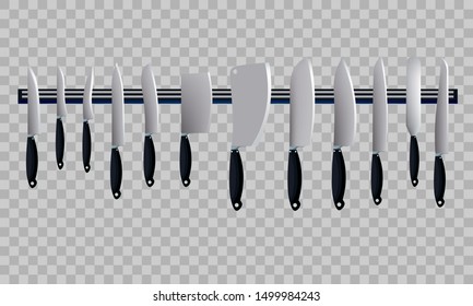 Cartoon knives icon set. Kitchen accessories isolated on transparent background. Chef knife, bread knife, butcher, santoku, chinese shopper, steak and meat cleaver knife. Vector illustration tools