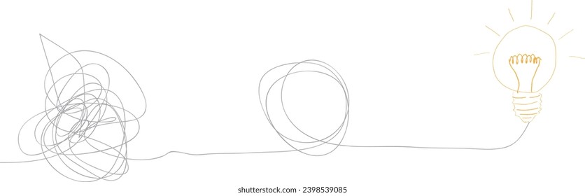 Cartoon knot, chaotic or chaos and order. Brain electric lamp idea. FAQ, business loading concept. Vector light bulb icon. Brilliant lightbulb. Education. Transform, change, evolution, transformation