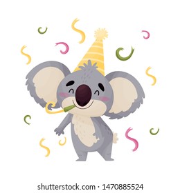 Cartoon koala among confetti. Vector illustration on white background.