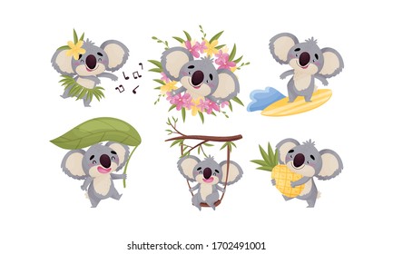 Cartoon Koala Animal with Big Ears and Nose Surfboarding and Swinging on Swing Vector Set