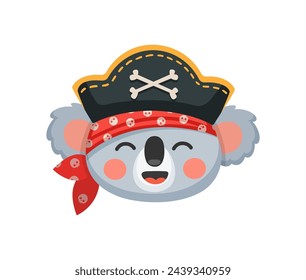 Cartoon koala animal pirate and corsair. Sailor and captain, skipper and boatswain character. Isolated vector cute kawaii Australian baby bear personage with happy smiling face, bandana and cocked hat