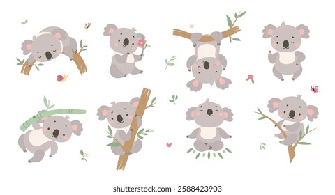 Cartoon koala. Australian animals, koalas in different poses. Positive funny animal hang on tree, sleeping and meditating. Cute nowaday vector characters