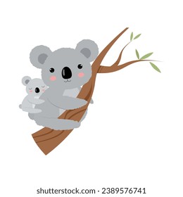 Cartoon Koala with baby. On a white background . Flat.