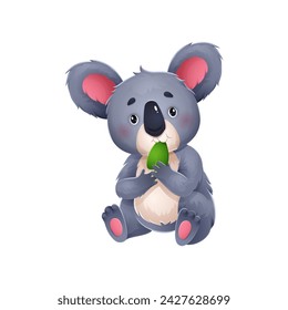 Cartoon koala bear character blissfully munches on a eucalyptus leaf. Isolated vector Australian animal personage with round eyes and jovial face expression capturing the joy of a tasty meal