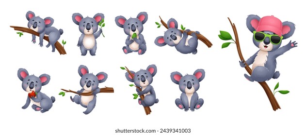 Dibujo animado koala oso caracteres aislado vector conjunto. Personaje animal animado cariñoso, juguetón y amable con ojos expresivos sentado en la rama del árbol, disfrutando de aperitivo de eucalipto frondoso, usar tonos