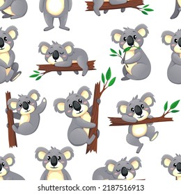 Cartoon koala bear characters, seamless pattern background, vector cute animal. Baby koala bear on tree eating eucalyptus leaf, Australian cheerful koala happy smiling, kids pattern