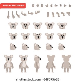 Cartoon koala bear creation set. Various gestures, emotions, diverse poses, views. Create your own pose, animation. Flat style vector illustration