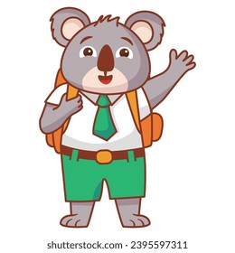 Cartoon koala bear going to school.A joyful cute koala jumping cub in a school uniform with bag .Kid kawaii tropical animal go to school.Animalistic childish character.Cute animal student.