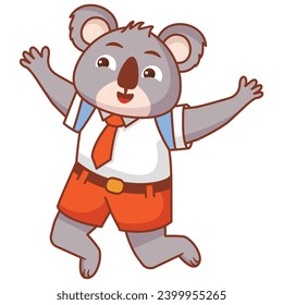 Cartoon koala bear going to school.A joyful cute koala jumping cub in a school uniform with bag .Kid kawaii tropical animal go to school.Animalistic childish character.Cute animal student.