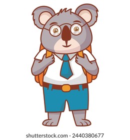 Cartoon koala bear going to school.A joyful cute koala jumping cub in a school uniform with bag .Kid kawaii tropical animal go to school.Animalistic childish character.Cute animal student.