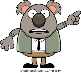 Cartoon koala bear with a scared expression standing a pointing. 